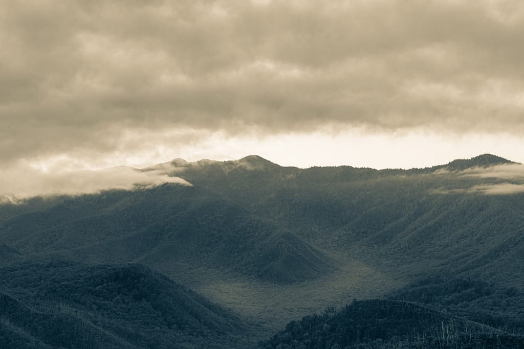 Golden hour fog over mountains in Great Smoky mountains